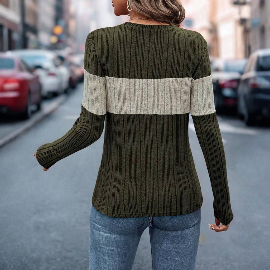 Women's Fashionable Round Neck Long Sleeved Color Blocked Loose Casual Pullover Top