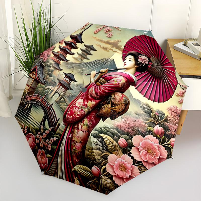 1pc Geisha Blossoms Automatic Open/Close Umbrella, Windproof, Folding Compact Umbrella with Lightweight Design for Women/Men037