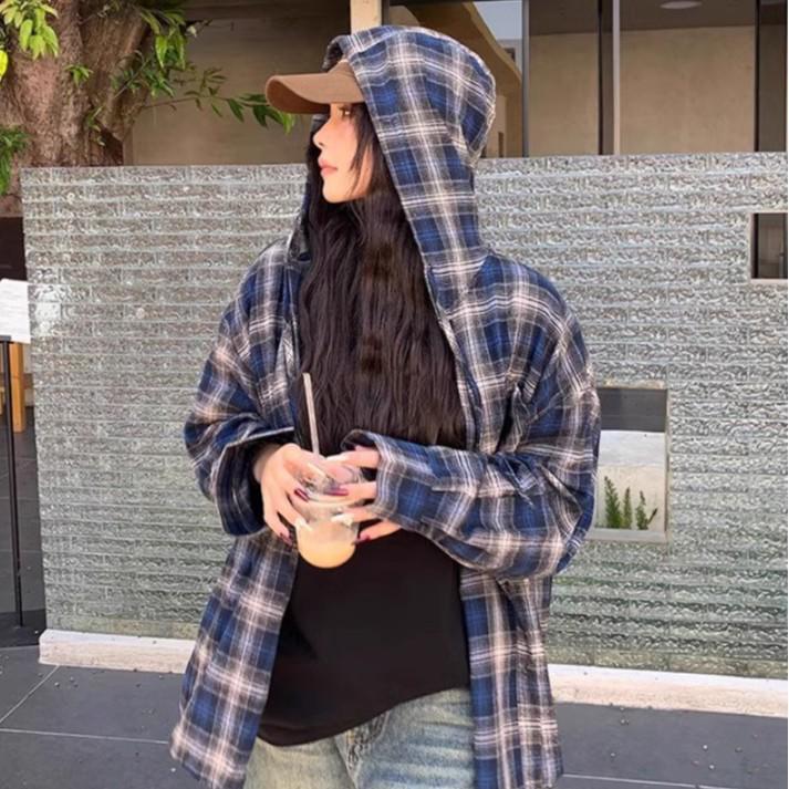 

Женская клетчатая рубашка с длинным рукавом в стиле ретро 2025 - Корейский стиль, Весна/Лето, Повседневная, Свободный крой, Парный большой размер Large синий