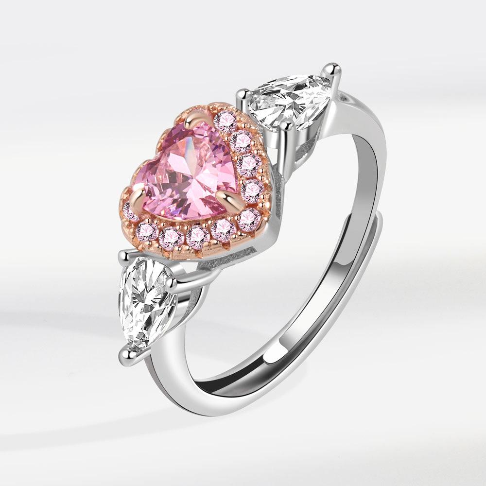 Rose Gold Water Drop Zircon Ring For Women Pink Heart Prong Set Simulated Diamond Jewelry