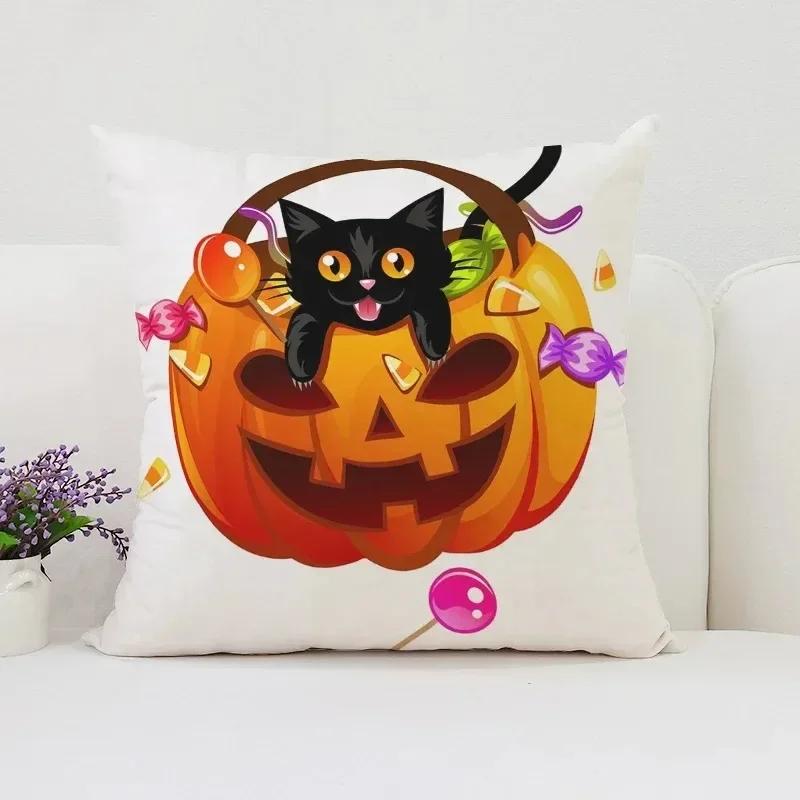 Housse de coussin décorative d'Halloween Chat Citrouille Adaptée pour Maison Salon Canapé Chambre Chambre Housse d'oreiller décorative