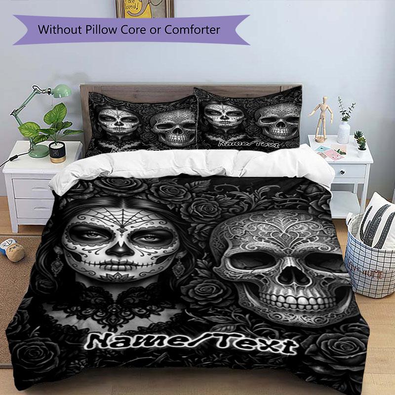 3PC Custom Name Day Dead Artwork Bedding Set Printed Bedding Set Duvet Cover Closure Includes 1 Duvet Cover & 48 Pillowcases for Bedroom