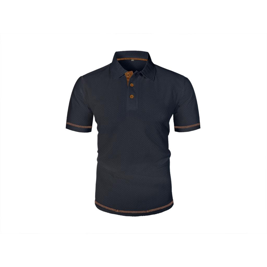 Men's Summer Ice Silk Fiber Short Sleeve T-shirt - Breathable Striped Casual Top with Classic Collar and Button Details