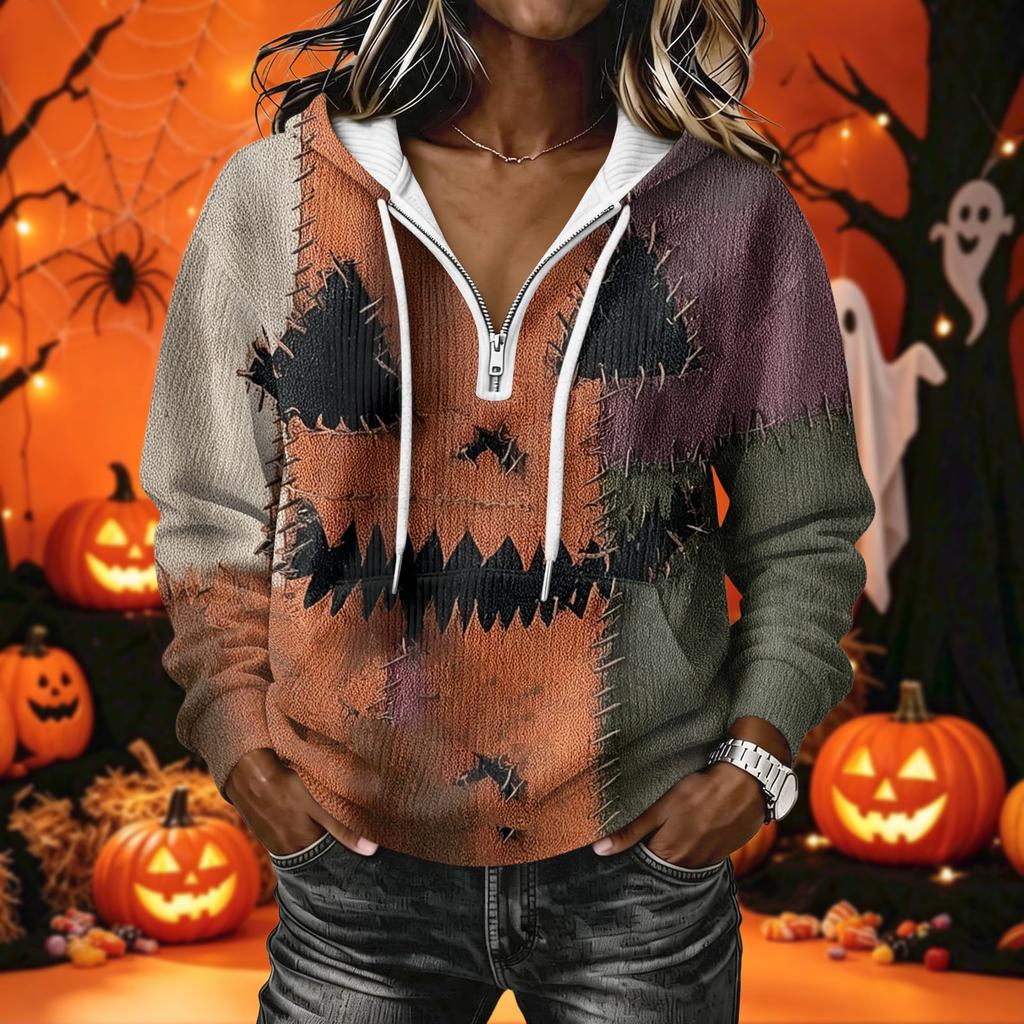 Women's Halloween Print Long Sleeve Hoodie Pullover Sweatshirt