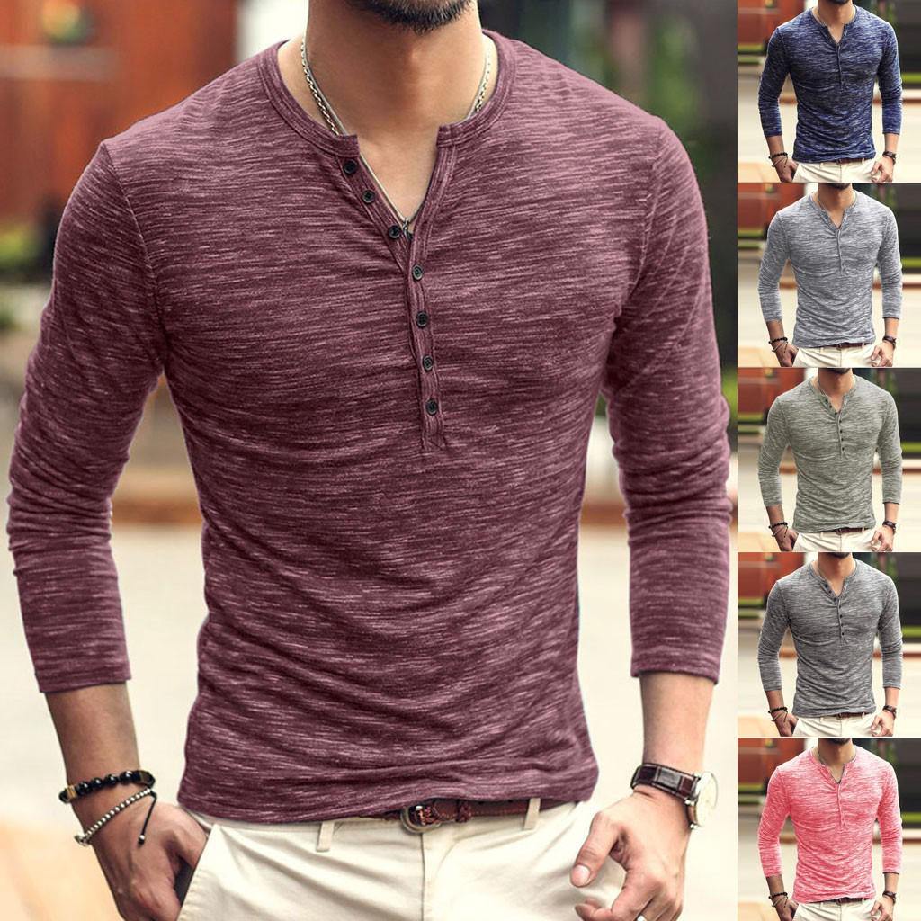 

Мужская осенняя повседневная однотонная футболка с длинным рукавом и V-образным вырезом, тонкая футболка, топы, блузка