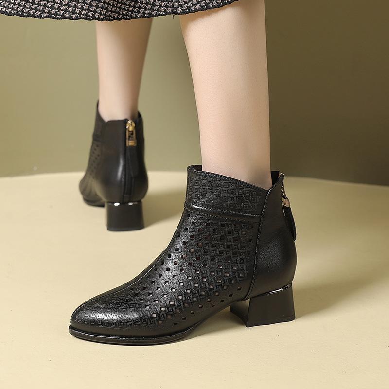 Fashion GKTINOO Ankle Boots Zipper Footwear Hollow Out Fashion Ladies High Heels Round Toes Genuine Leather Summer Shoes