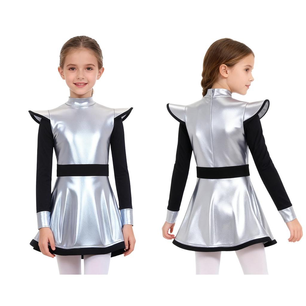 Vestido de Festa Alienígena para Meninas Brilho Metálico Patchwork Gola Alta Manga Longa Zíper Invisível Vestido Shorts