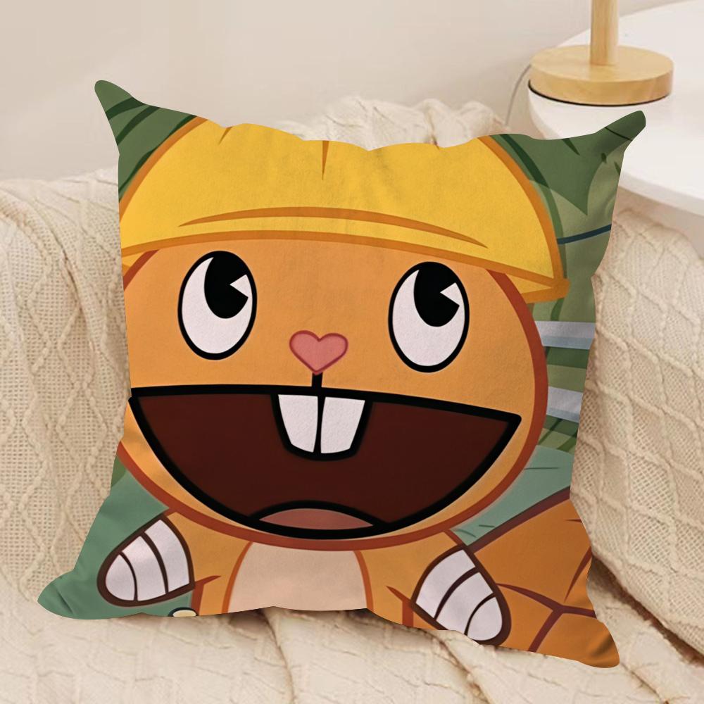 Anime Happy Tree Friends Cushion Cover Silky Short Plush DoubleSided Printed Pillow Case for Sofa All Seasons Home Decor Gift