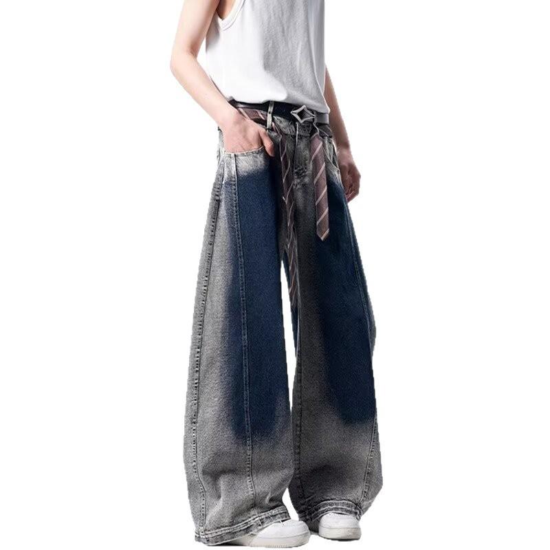 Tie-dye gradual change retro blue scimitar jeans American high street vibe pants men straight slightly wide leg casual pants