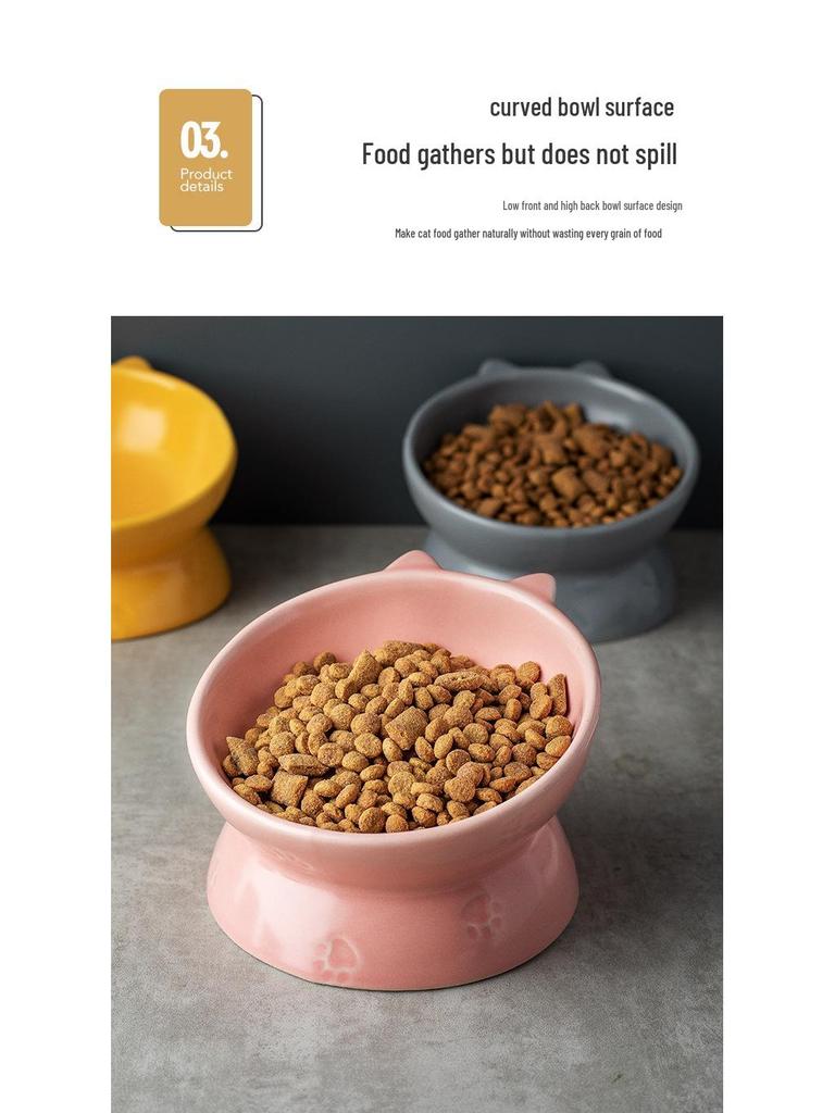 Double-Eared Slanted Ceramic Cat Bowl - Matte Glaze, Anti-Black Chin, Cervical Spine Support, Cute Design