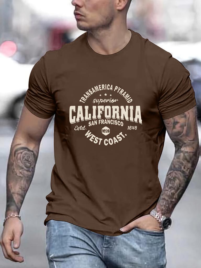 Herr California Grafisk T-shirt - San Francisco 1905 Västkustdesign, Ledig Kortärmad T-shirt, Maskintvättbar, Rund Halsringning