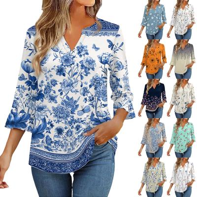 3/4 Sleeve Tops For Women T-Shirt Casual Flared Sleeves Print Tunic V Neck Pullover Blouse