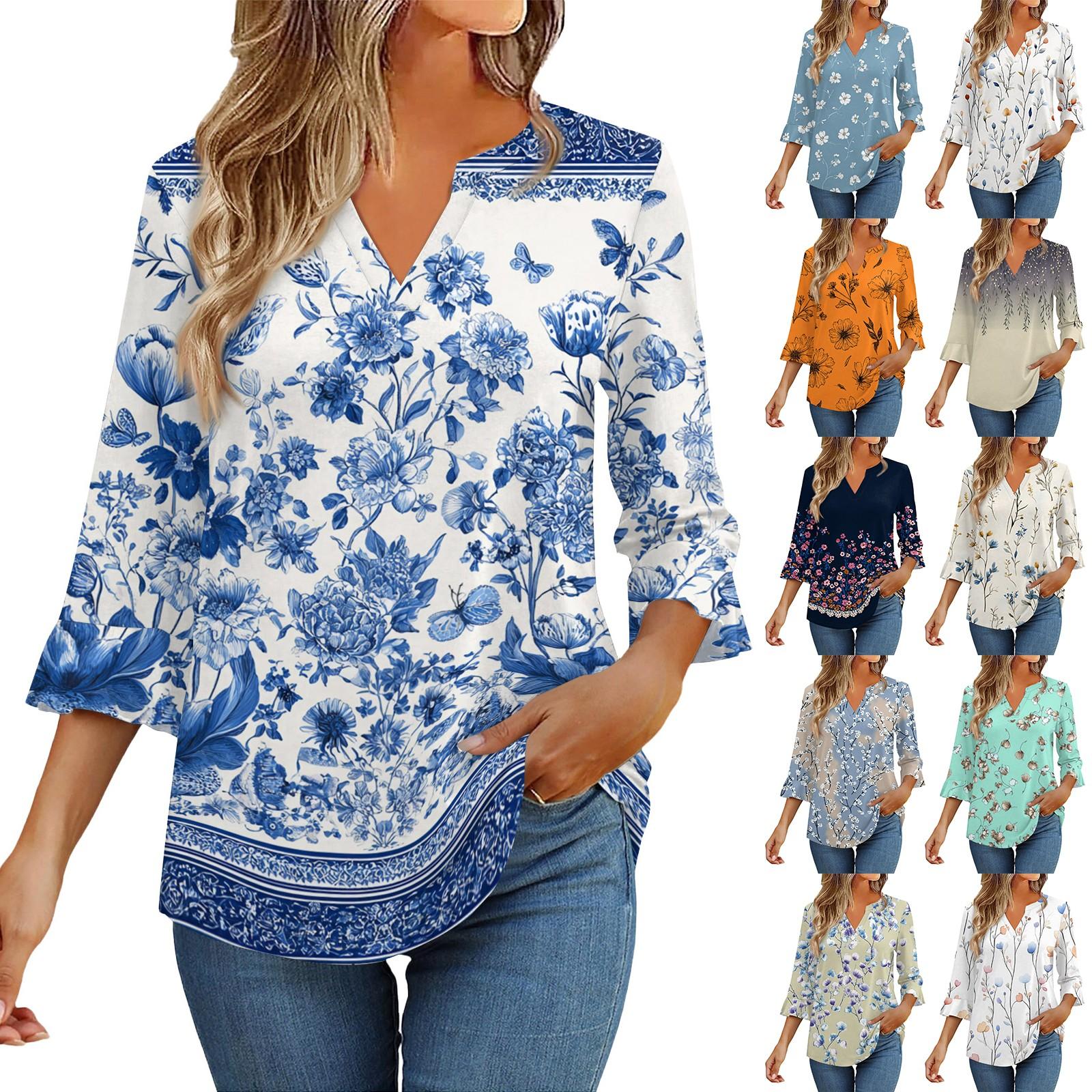 

3/4 Sleeve Tops For Women T-Shirt Casual Flared Sleeves Print Tunic V Neck Pullover Blouse L бежевий