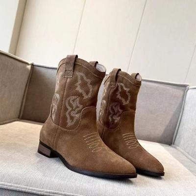 Nowe krótkie buty kowbojki westernowe damskie zamszowe na grubej obcasie szpiczaste z wycięciem w kształcie litery V cienkie retro krótkie buty damskie