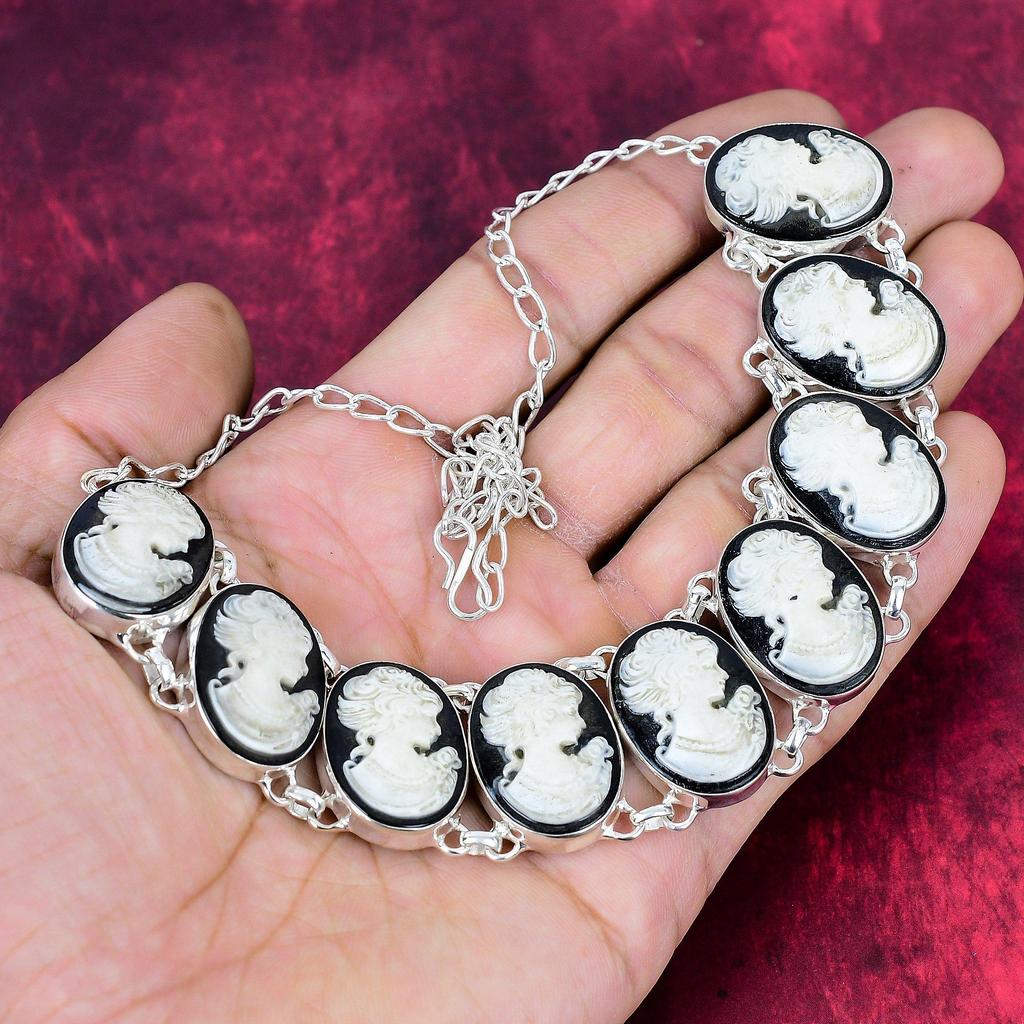 Cameo Lady Face 925 Solid Sterling Silver Necklace Adjustable, Chain Necklace Handmade Gemstone, Love Forever Gift Antique Jewelry