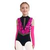 Kids Dance Leotard with Gloves Mock Neck Cutout Back Sparkling Sequins Color Block Performance Outfit