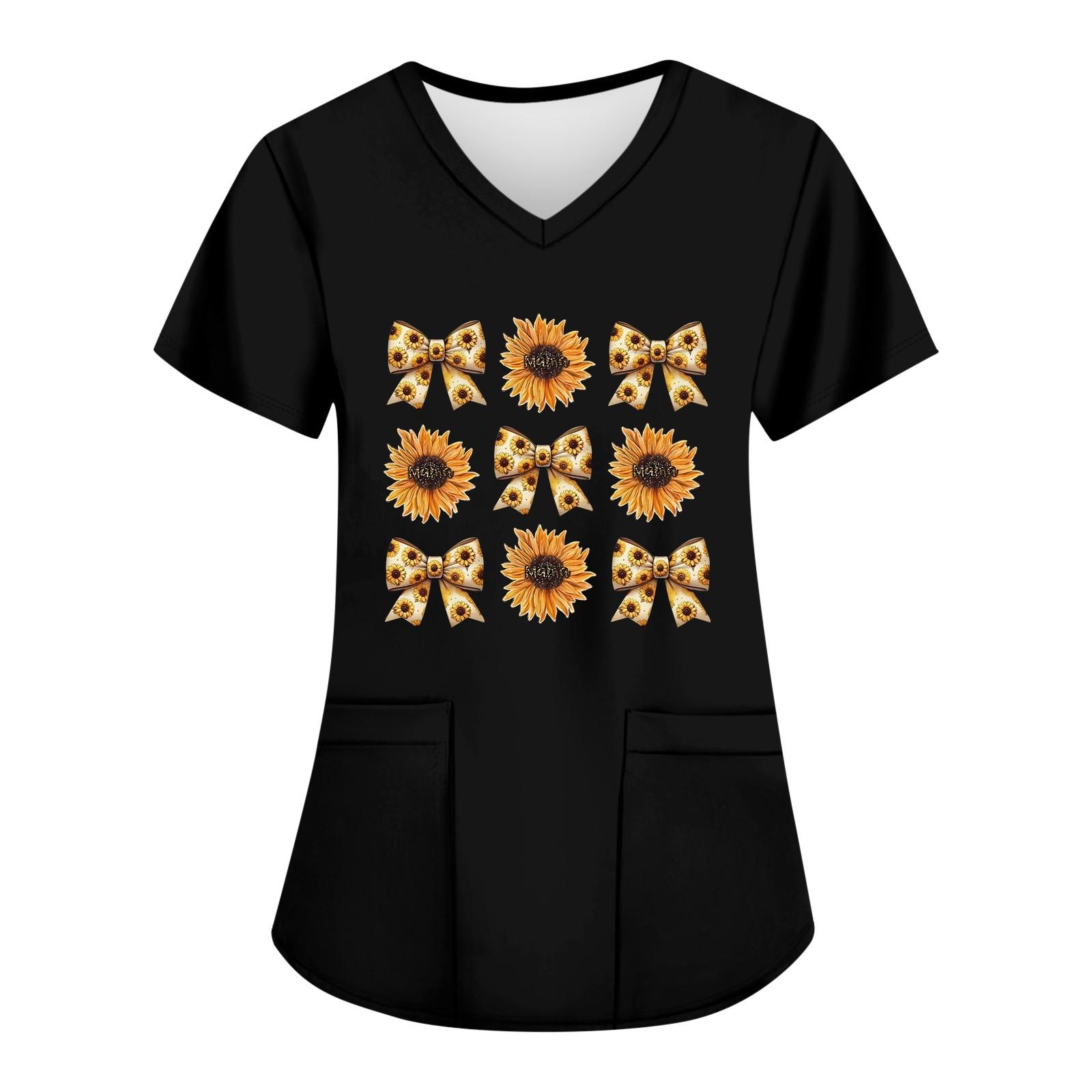 

Женские модные топы с короткими рукавами и V-образным вырезом с принтом, рабочие футболки с карманами M чёрный