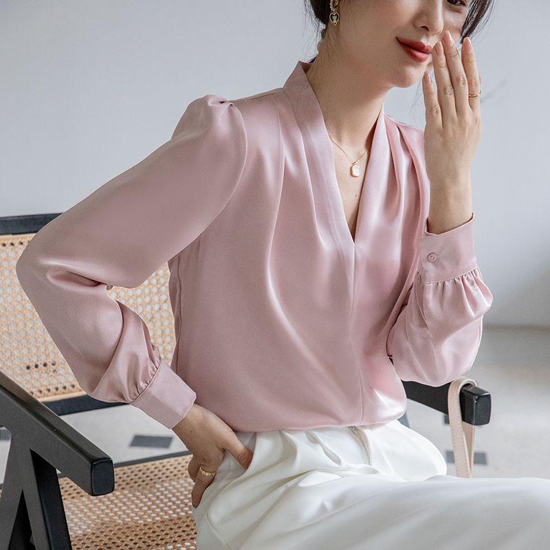 

V Neck Pleated Slim-Fit Versatile Long Sleeve Shirt Satin Pink S