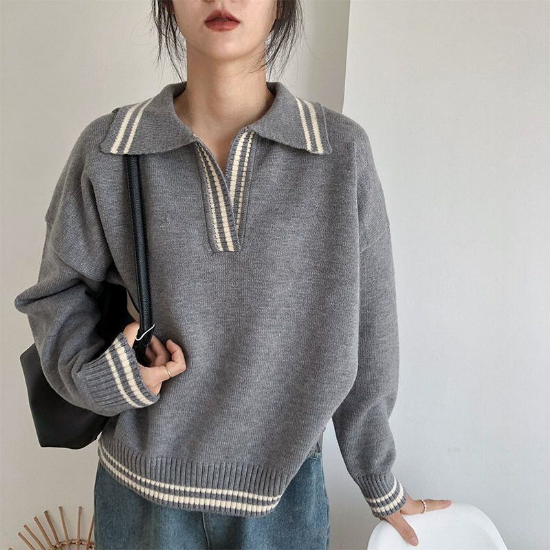 

Women s Preppy Polo Collar Color-Block Knitted Sweater Autumn and Winter Stylish Niche Loose Versatile Base Layer One size