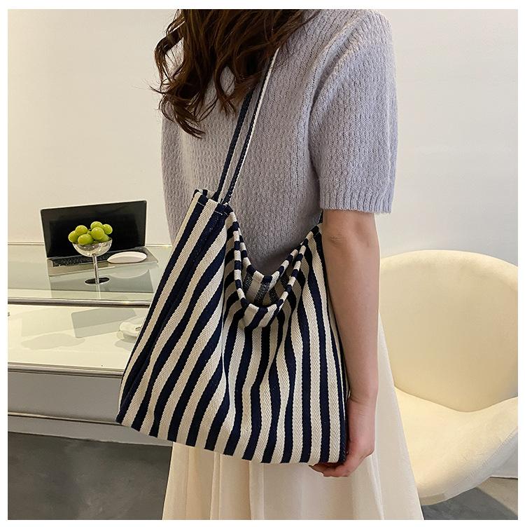 Large Capacity Striped Tote Bag Korean Retro Minimalist Nylon Shoulder Bag for Women Shopping