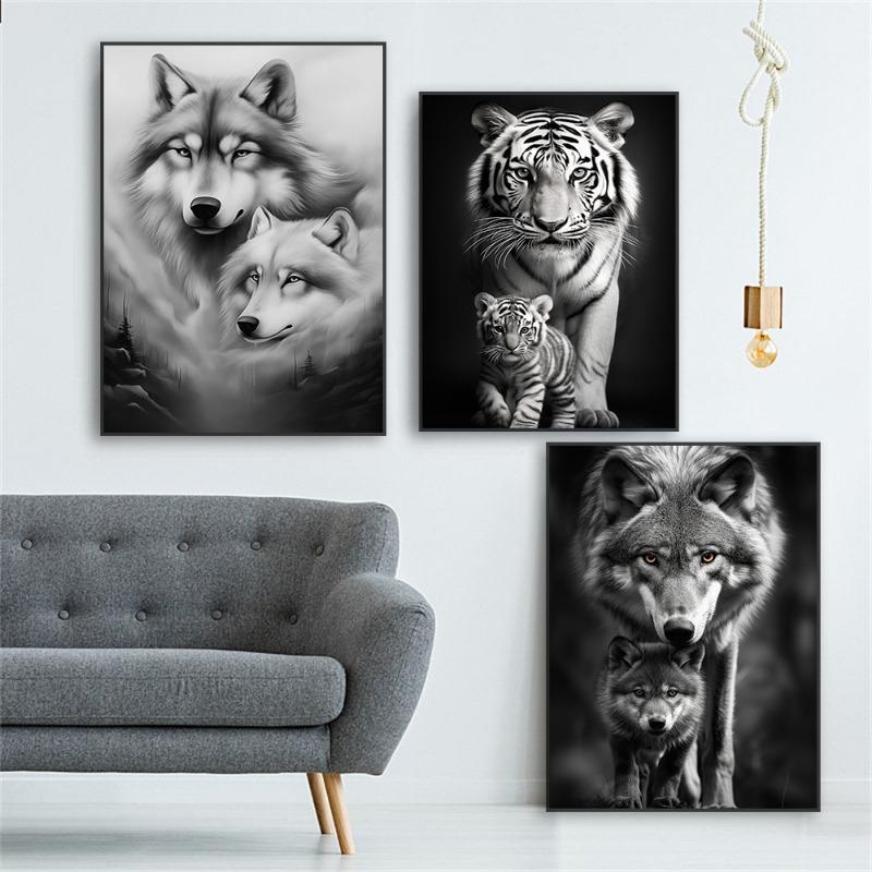 Black and White Cub Prints Modern Wild Animal Poster Colorful Tiger Wolf Canvas Painting Large Living Room Bedroom Home Decor