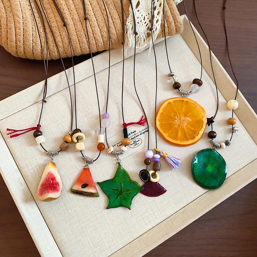 Dopamine Resin Orange Pitaya Watermelon Bead Leather Necklace - Personalized High-End Sweater Chain for Women