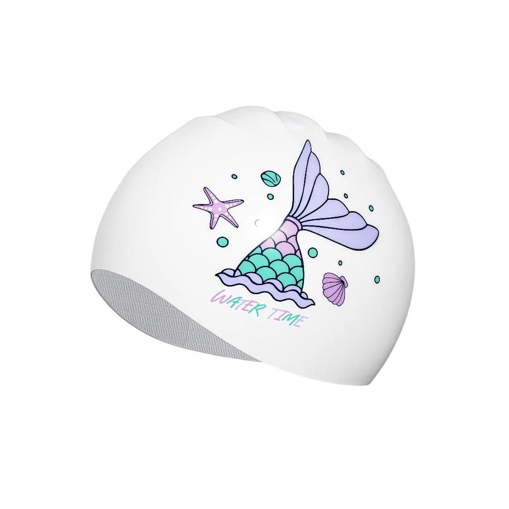 WATERTIME Silicone Swimming Cap, Large Size for Long Hair, Dreamy Mermaid Design, White