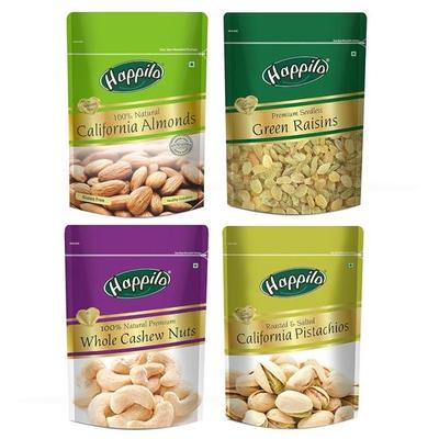 Pachet combinat Happilo Premium cu fructe uscate, 4 bucăți | Migdale Californiane, Stafide verzi, Nuci caju întregi, Fistic prăjit | Total 850 g