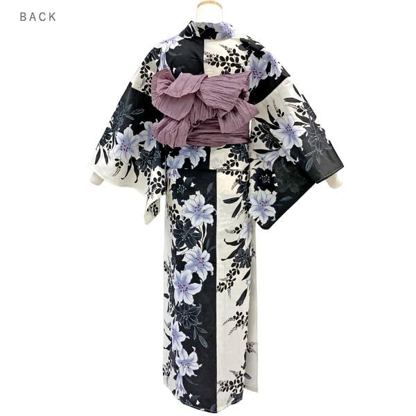 Kyoto Kimono Yuzen Damen Yukata, Einteilig, Modern Retro Baumwolle Sommerkimono, Lilie (Weiß x Schwarz)