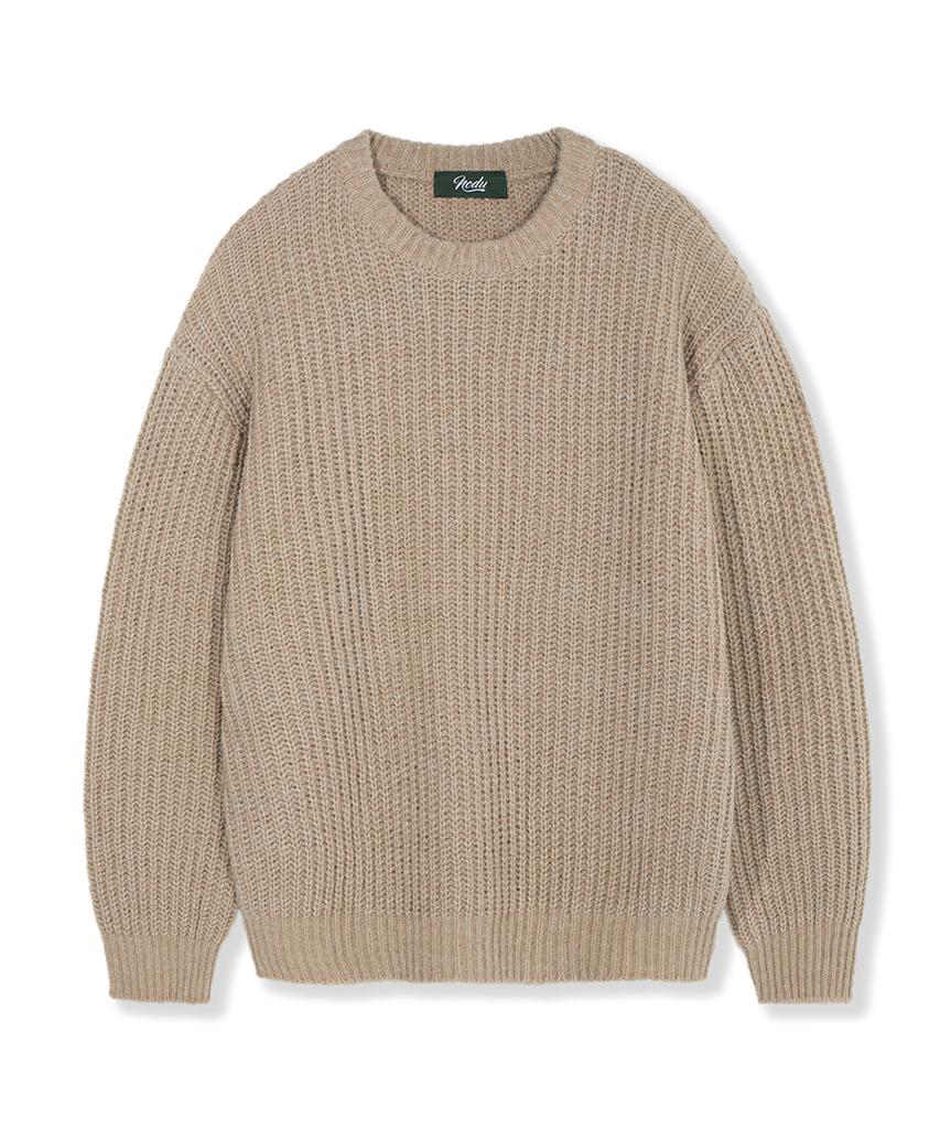 NODU Adn Heathered Hacci Round Semi-Overfit Long Sleeve Knit [Beige]