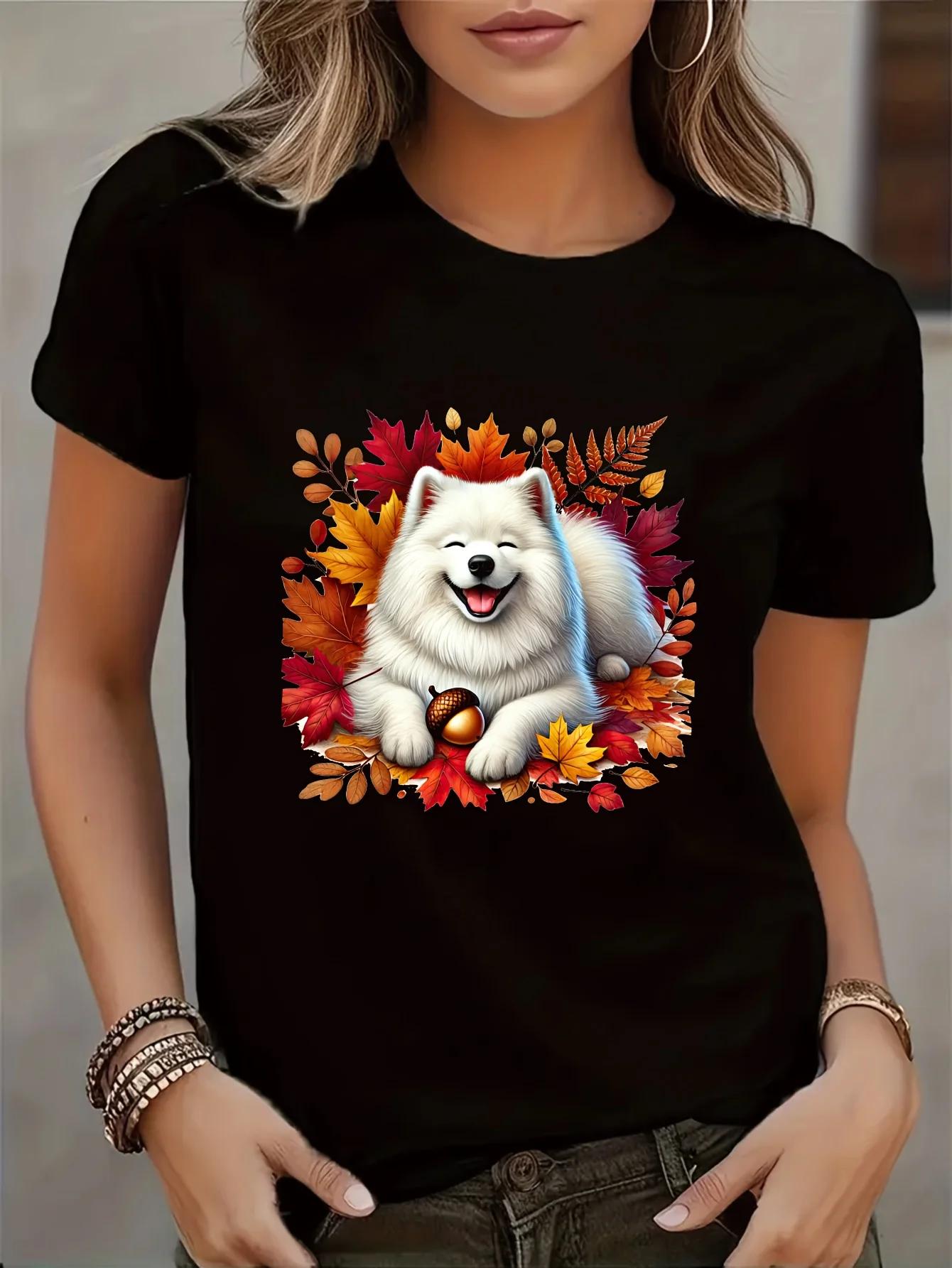 

Cute Samoyed Dog Fall Leaves Graphic T Shirt Vibrant Autumn Leaves Acorn Design Crew Neck Sleeve Blend Perfect for Spring S