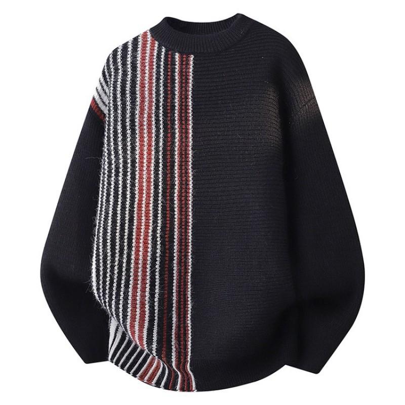 Mens Colorblock Knit Crewneck Sweater Long Sleeve Warm Acrylic Pullover Winter Daily Wear