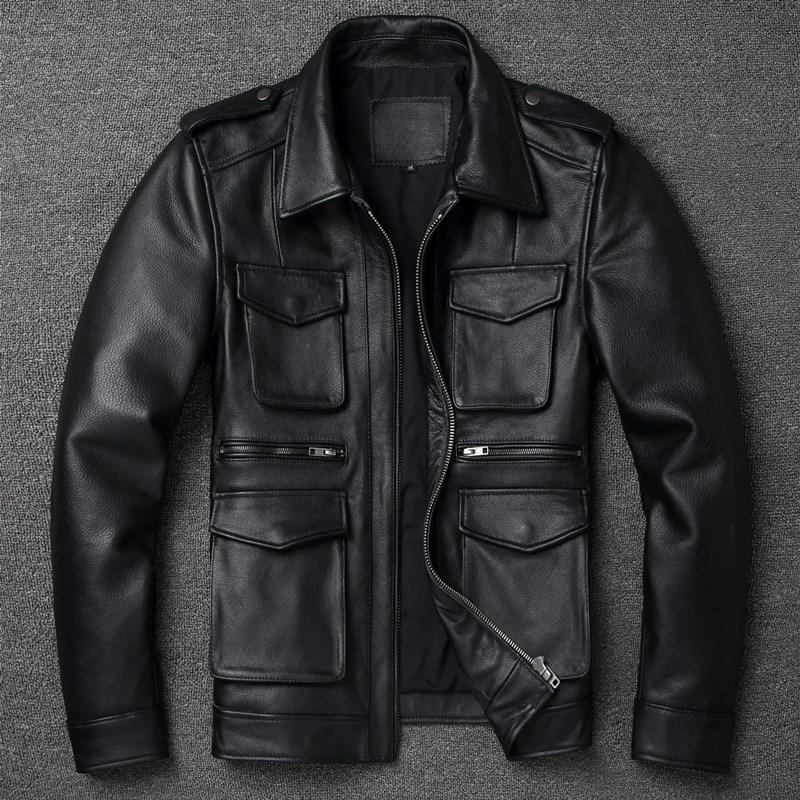 Genuine Leather Men's Retro Old-Fashioned Motorcycle Jacket Pure Head Layer Cowhide Slim-Fit Lapel Coat Casual Trend
