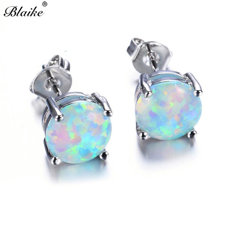 Luxury Jewelry Exquisite 6MM Round White Blue Green Fire Opal Stud Earrings For Women Silver Color Wedding Party Jewelry Gifts