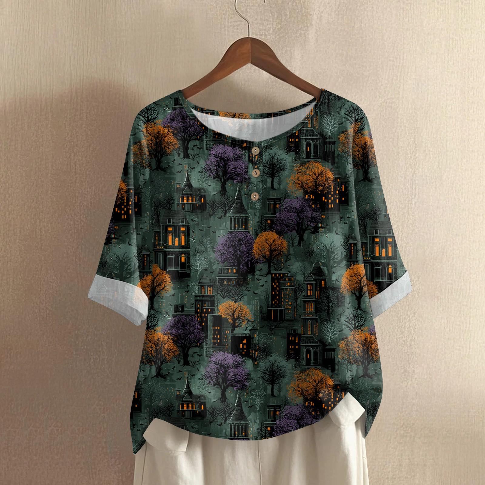 

Женский повседневный топ с рукавами средней длины, круглым вырезом, с принтом на Хэллоуин, из хлопка и льна M