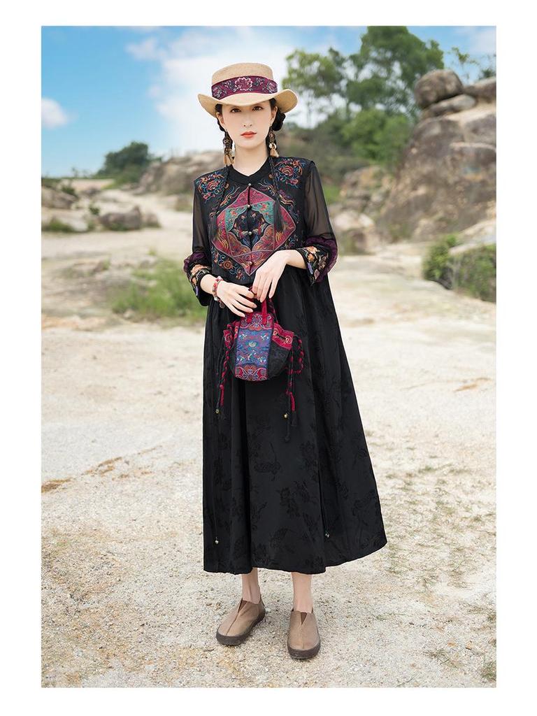 2025 Women's Ethnic Satin Jacquard Embroidered Vest Dress with Stand Collar