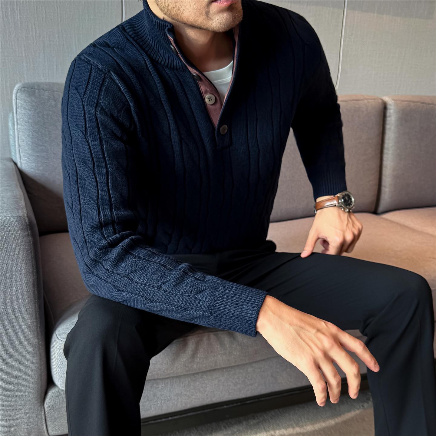 Men s Thick Wool Blend Henley Sweater - Warm Cable-Knit in Old Money Style (Autumn/Winter Sale) XL