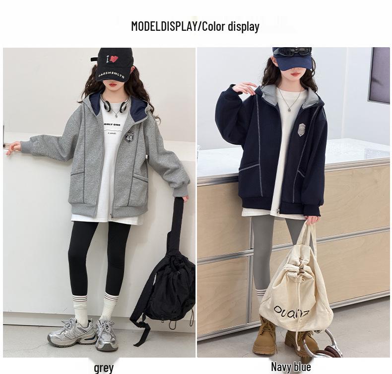 Girls' Grey Embroidered Badge Hooded Zipper Sweatshirt - Spring/Autumn Casual Loose Fit Jacket