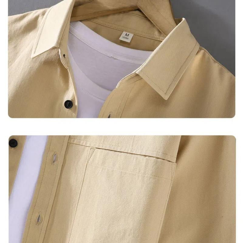 Camisas de Hombre de Algodón de Manga Larga Estilo Japonés Primavera Ropa de Trabajo Tops para Hombre Color Sólido Doble Bolsillo Cuello Puntiagudo Camisa Casual Corte Ajustado
