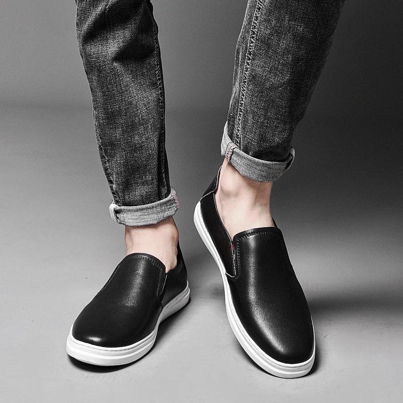 Men's Casual Cowhide Leather White Loafers - Stylish & Versatile for Spring and Autumn