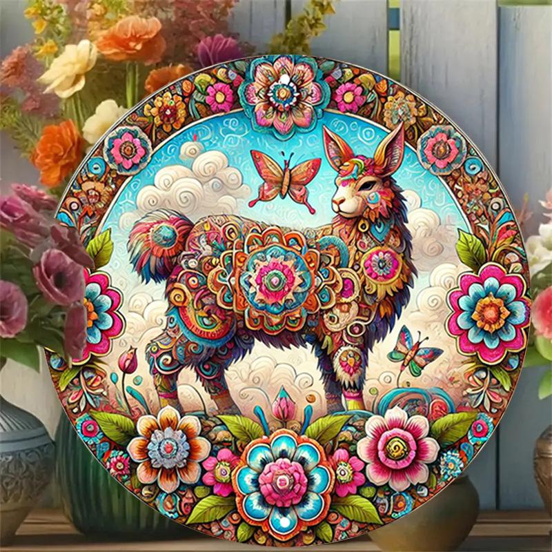 2D Flat 20*20cm1pc Bright-coloured Camels&butterfly&flowers Welcome Door Sign Decor, Vibrant Floral and Animal Design Round Wooden Ornament Perfect
