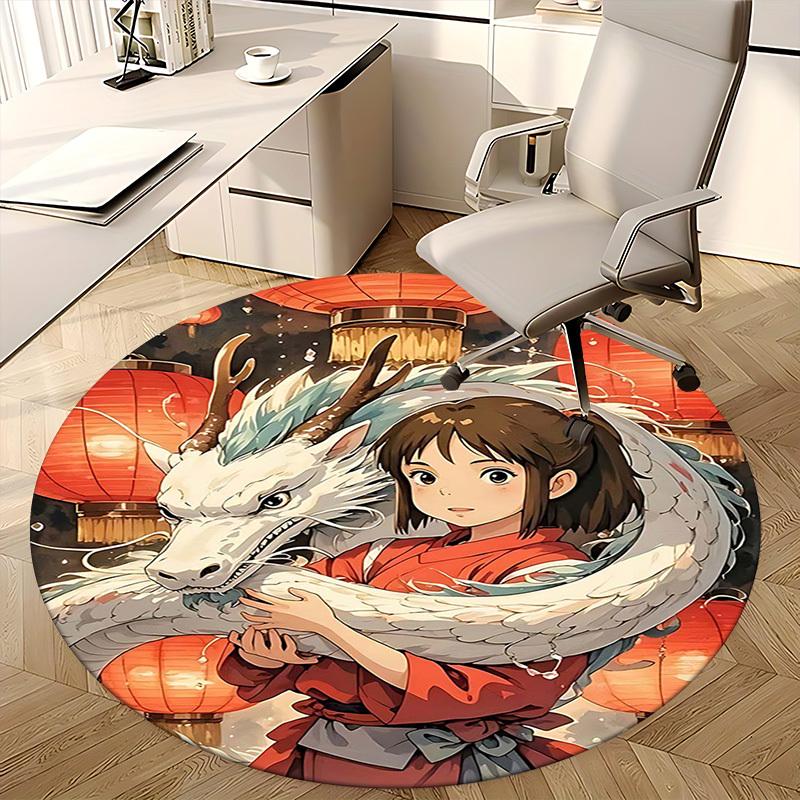 1pc Spirited Away Chihiro and Haku Dragon Round Carpet Anime Design Office Chair Mat, Non Slip Rug for Home Decor, Gift, Office, Living Room