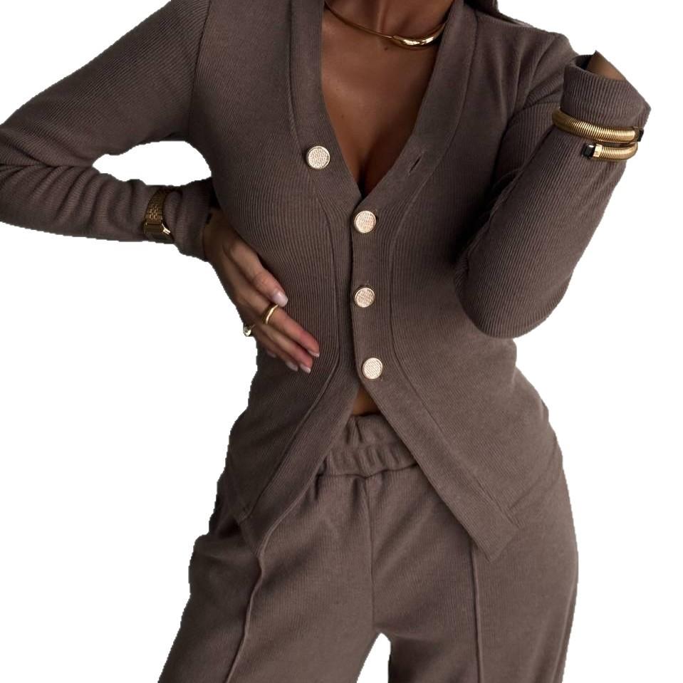 Women's V-Neck Button Front Cardigan and Pants Lounge Set In 4 Colors
