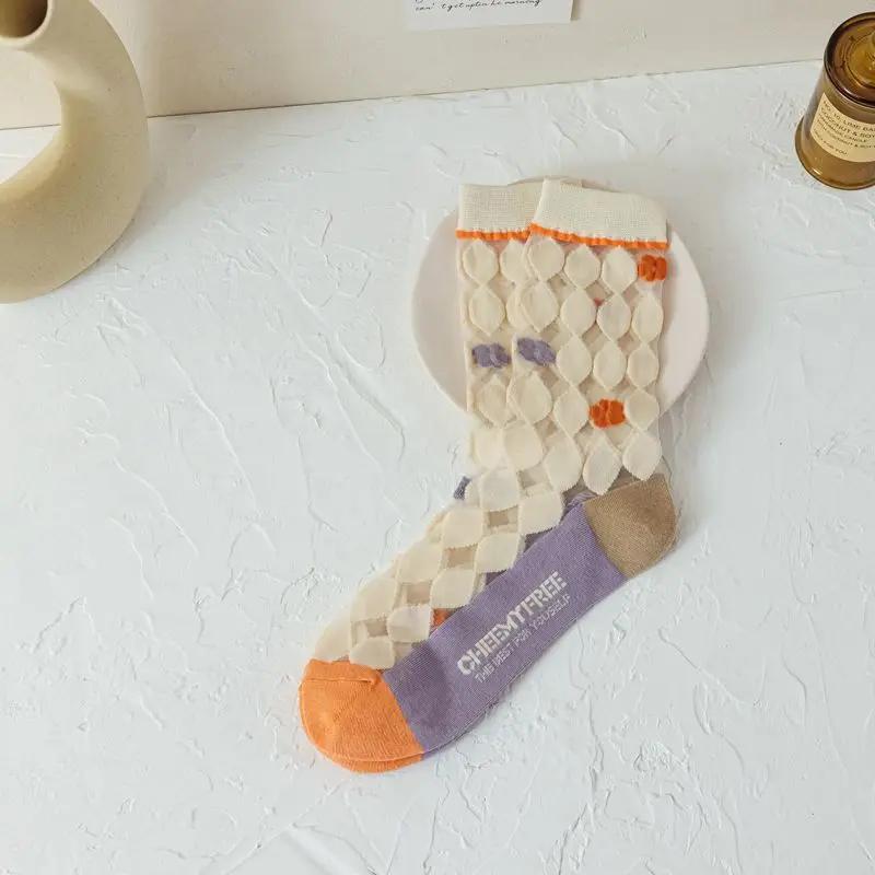 Summer Thin Mesh Stocks for Women Tulip Rose Flower Crystal Glass Silk Socks Korean All-match Light Visible Mid-calf Stocking