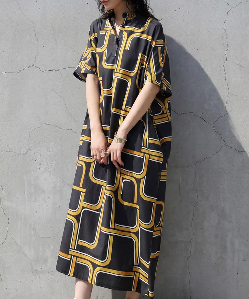 Antiqua Geometric Pattern Dress Plus Sizes Available Adult Look 05 Black One Size [antiqua] Women's Short-Sleeved, Long, Stand-Neck - Retro, Mode,