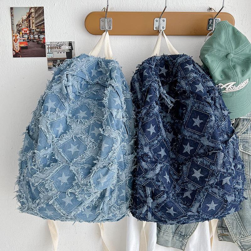Schoolbag large capacity denim rough edge star schoolbag female college student simple versatile backpack design sense trendy backpack