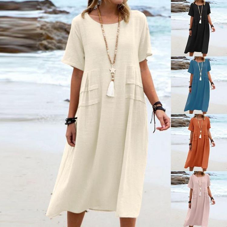 Women Casual Cotton Linen Short Sleeve Round Neck Solid Color Loose Pocket Beach Holiday Seaside Dress Skirt Summer