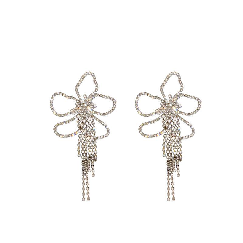 Silver Needle Diamond Flower Long Earrings Light Luxury Fashion Fringed Earrings Personality Advanced Temperament Earrings