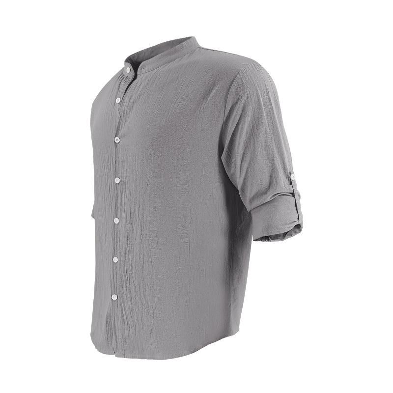 Mens Stand Collar Long Sleeve Breathable Casual Cotton Linen Shirt