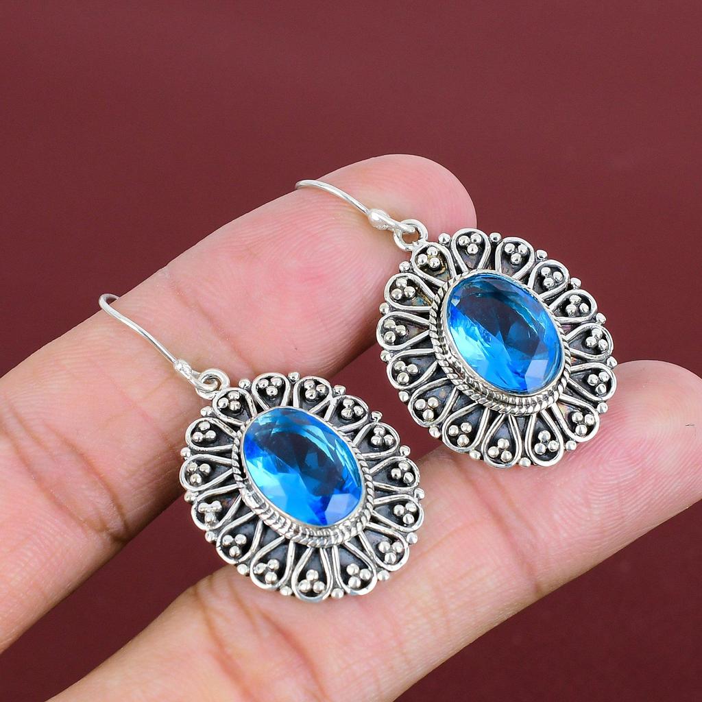Faceted London Blue Topaz Earring Vintage Earrings Natural Gemstone Jewelry 925 Sterling Silver Earring Handmade Dangle Earring Gift For Her